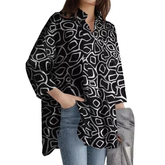 2/$40 Black Geometric Print Button Down Tunic Oversized Long Sleeve Shirt Blouse - Picture 5 of 5